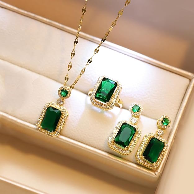 GOLD PLATED Cubic Zirconia Studded Necklaces Pendant Chain Drop Earrings & Finger Ring Embellished Combo Jewellery Set for Women