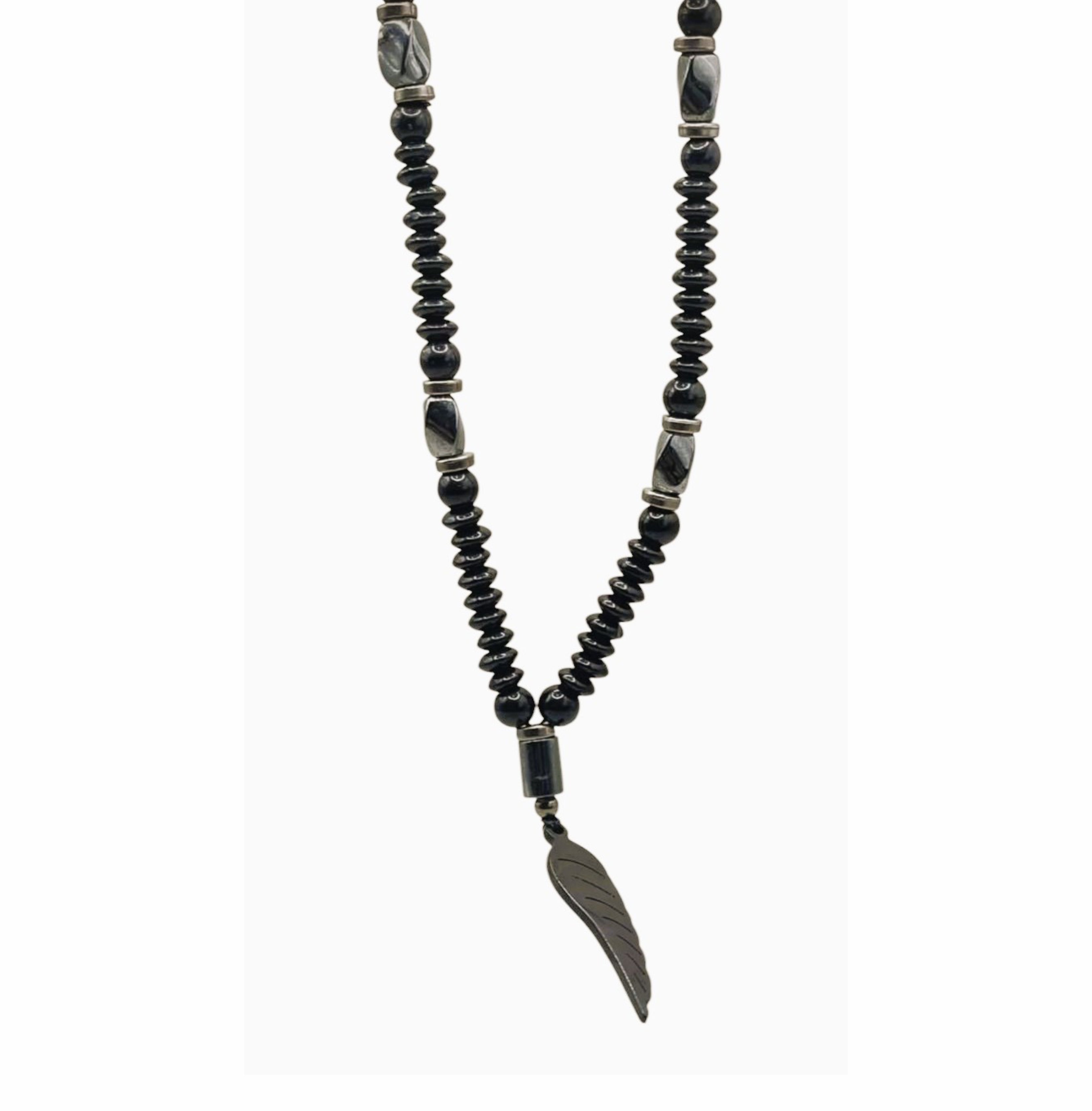 Handcrafted Black Beaded Necklace with Black Accents and Feather Pendant for Men Size 20"