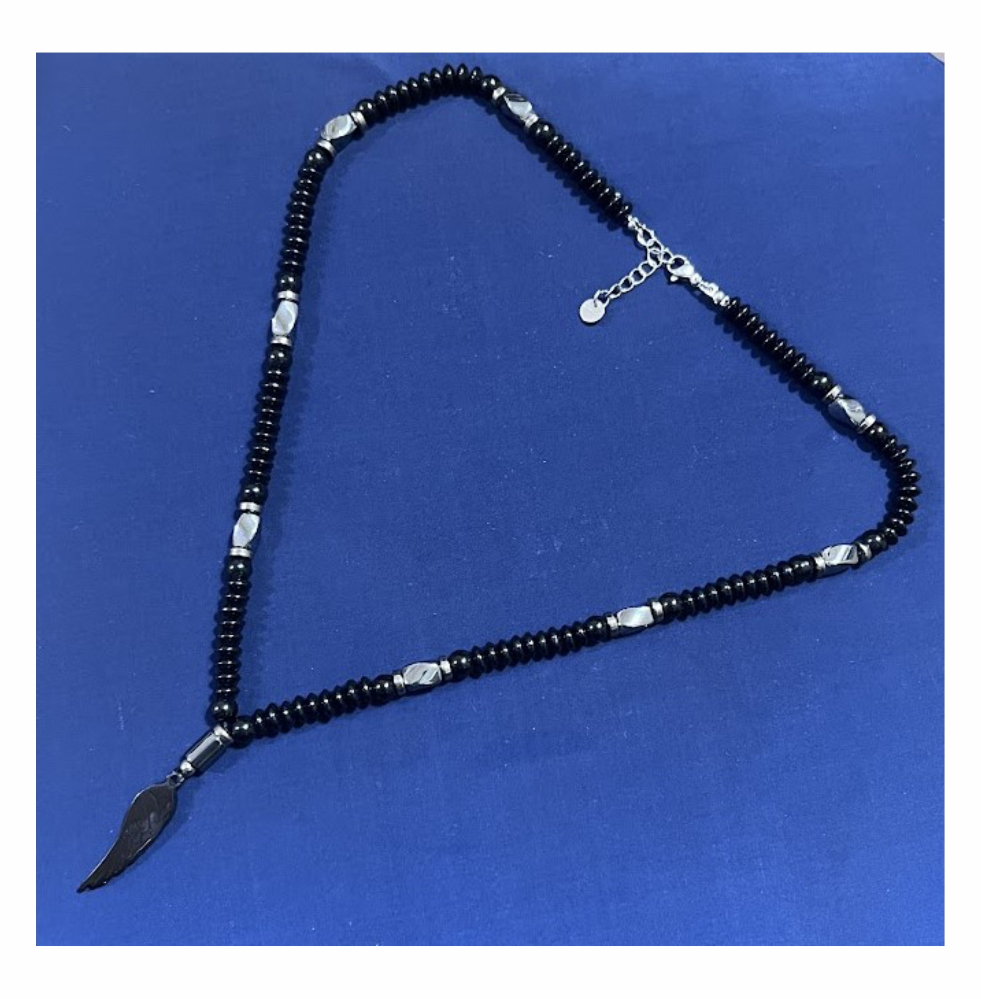 Handcrafted Black Beaded Necklace with Black Accents and Feather Pendant for Men Size 20"