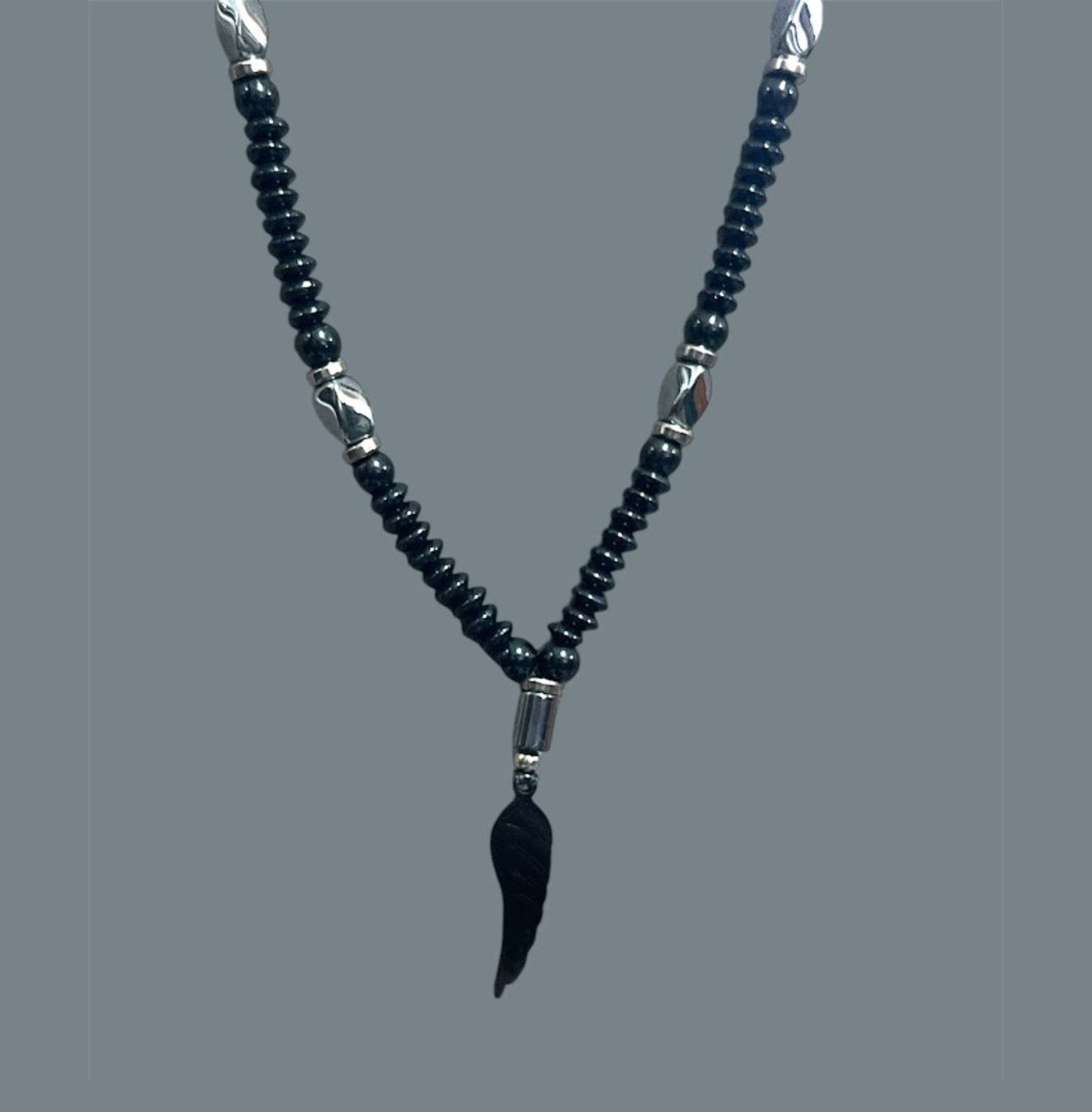 Handcrafted Black Beaded Necklace with Black Accents and Feather Pendant for Men Size 20"