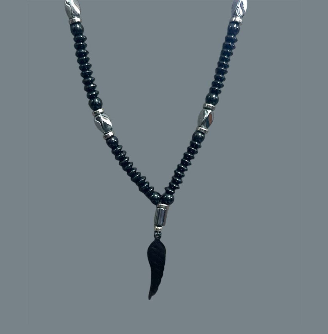 Handcrafted Black Beaded Necklace with Black Accents and Feather Pendant for Men Size 20"