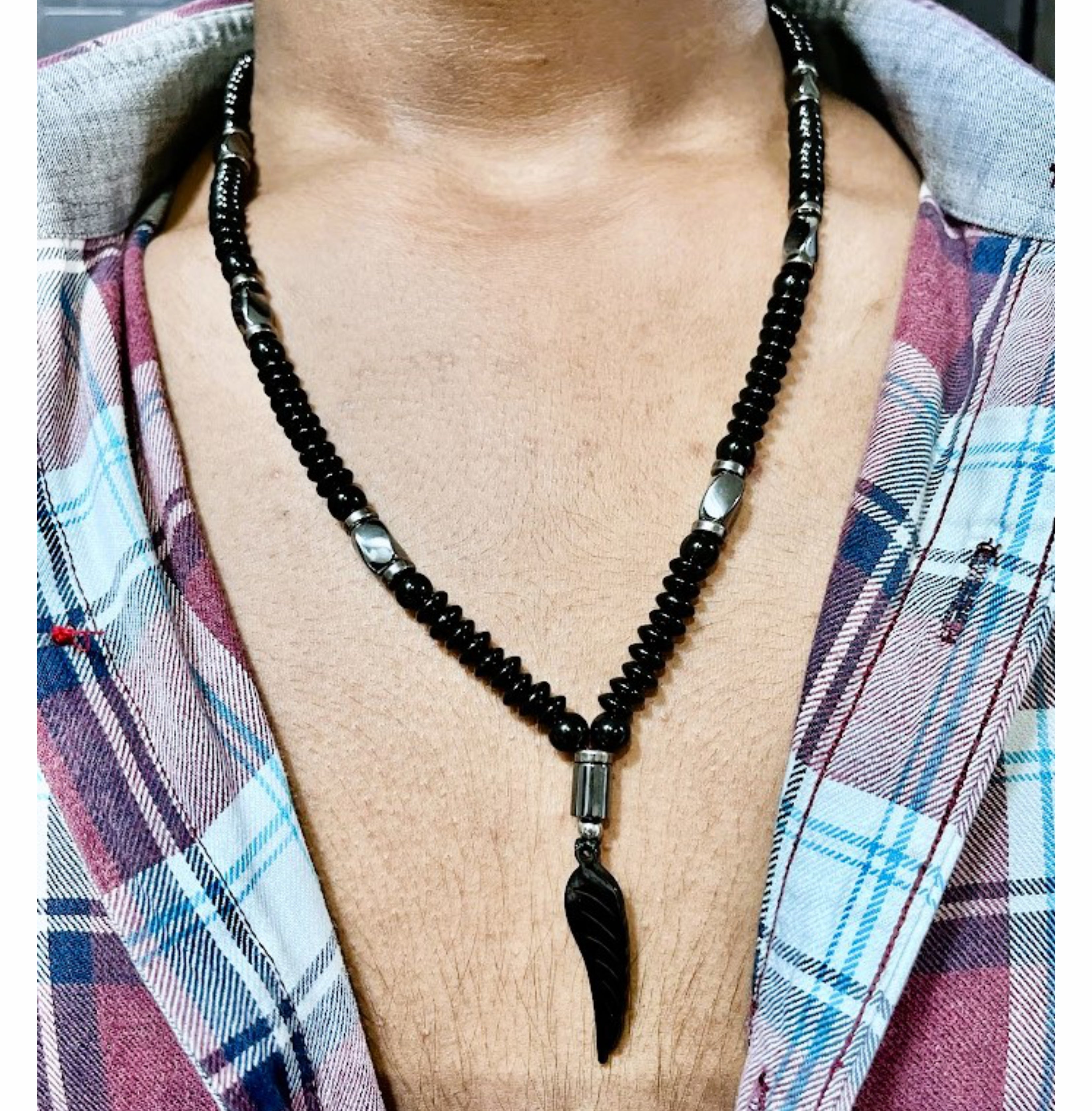 Handcrafted Black Beaded Necklace with Black Accents and Feather Pendant for Men Size 20"