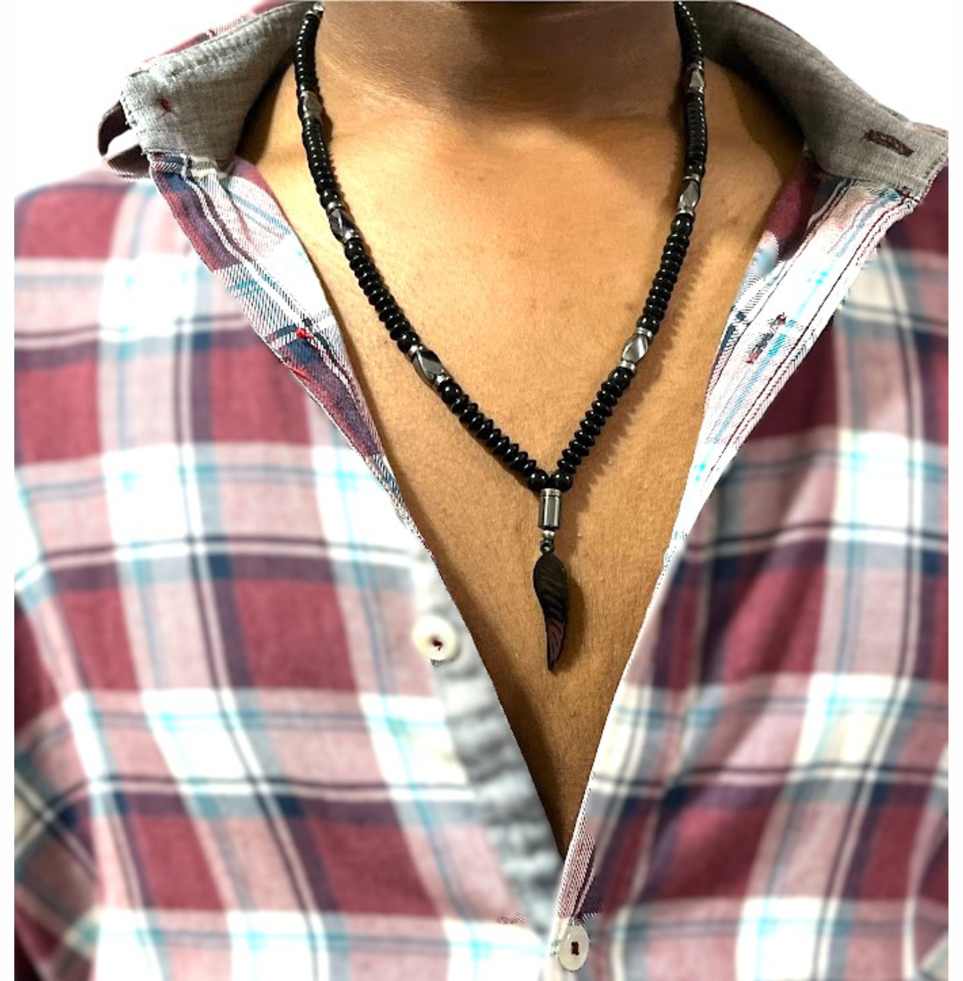 Handcrafted Black Beaded Necklace with Black Accents and Feather Pendant for Men Size 20"