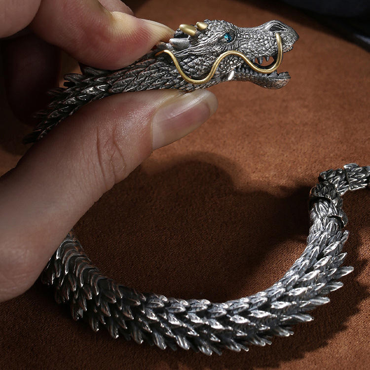 Silver Handmade Dragon Chain Bracelet - Unique Vintage-Style Dragon Bracelet for Men and Women, Retro-Inspired Handmade Jewellry