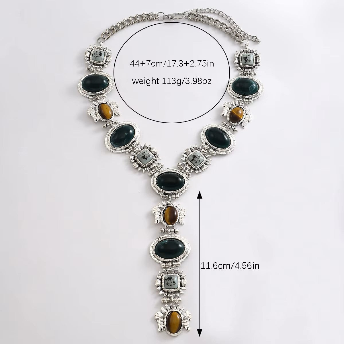 Vintage Style Statement Necklace, Green and Brown Gemstones, Antique Grey Chain, Y-Drop Design Necklace For Women
