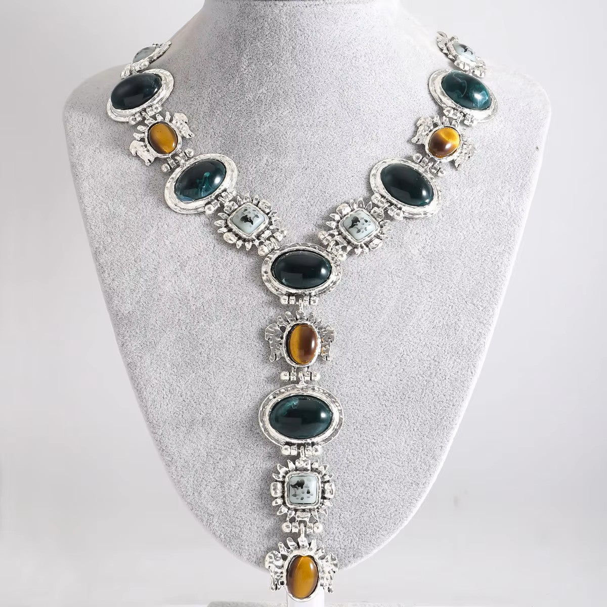 Vintage Style Statement Necklace, Green and Brown Gemstones, Antique Grey Chain, Y-Drop Design Necklace For Women