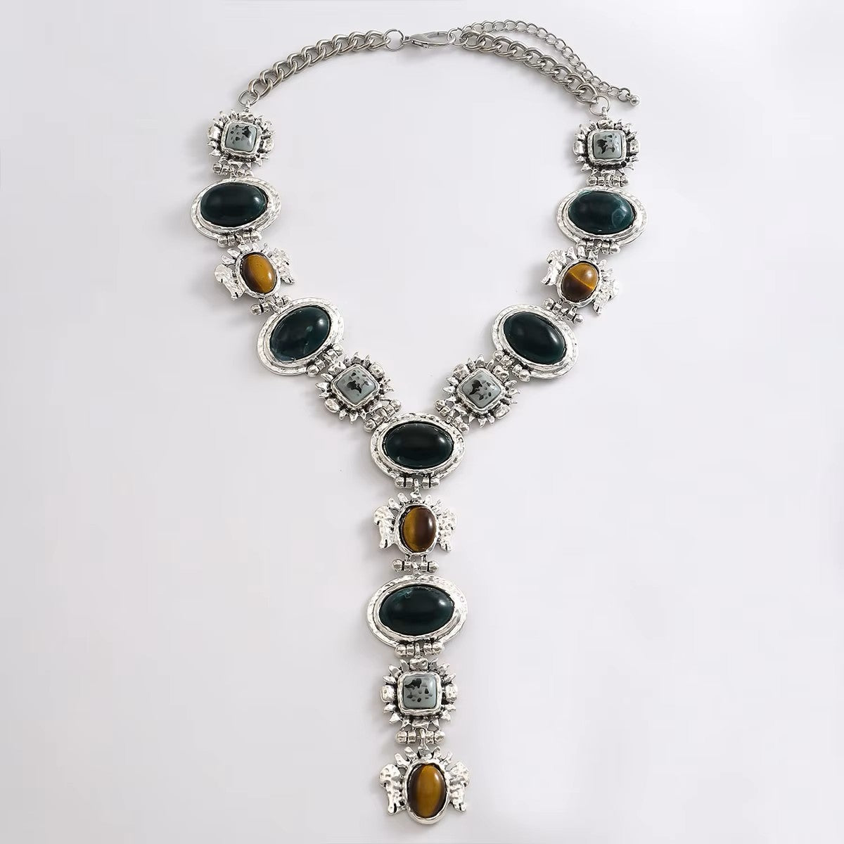 Vintage Style Statement Necklace, Green and Brown Gemstones, Antique Grey Chain, Y-Drop Design Necklace For Women