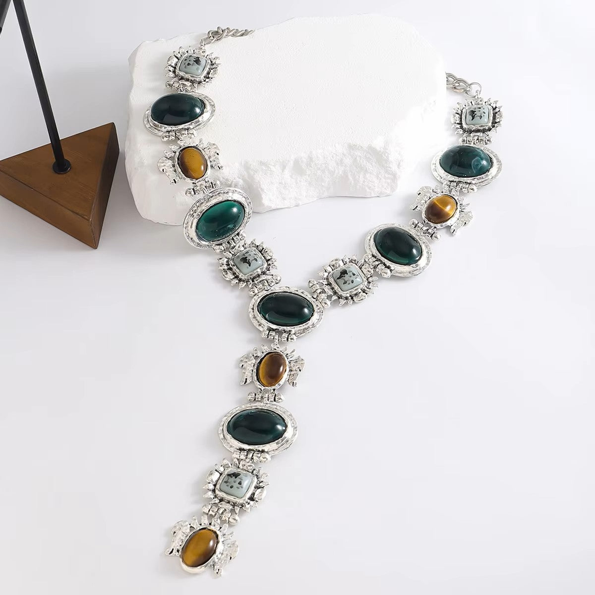 Vintage Style Statement Necklace, Green and Brown Gemstones, Antique Grey Chain, Y-Drop Design Necklace For Women
