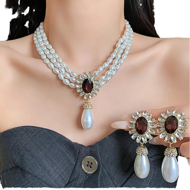 Pearl Necklace Set with Garnet Crystal Flower Design, Gold-Plated Drop Earrings, Elegant Wedding Jewellery