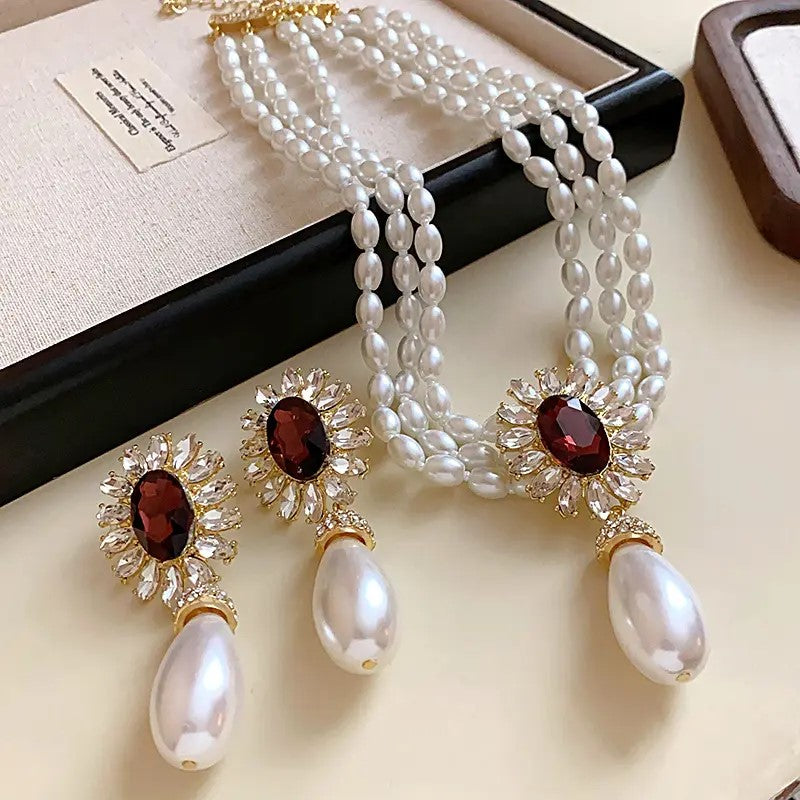 Pearl Necklace Set with Garnet Crystal Flower Design, Gold-Plated Drop Earrings, Elegant Wedding Jewellery