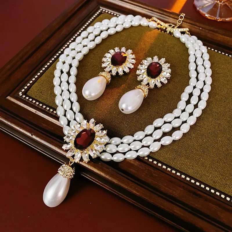 Pearl Necklace Set with Garnet Crystal Flower Design, Gold-Plated Drop Earrings, Elegant Wedding Jewellery