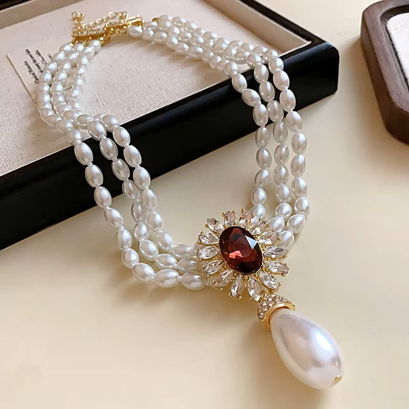 Pearl Necklace Set with Garnet Crystal Flower Design, Gold-Plated Drop Earrings, Elegant Wedding Jewellery