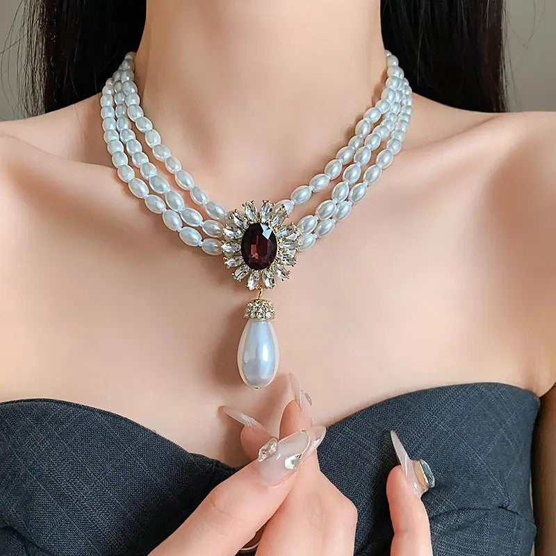 Pearl Necklace Set with Garnet Crystal Flower Design, Gold-Plated Drop Earrings, Elegant Wedding Jewellery