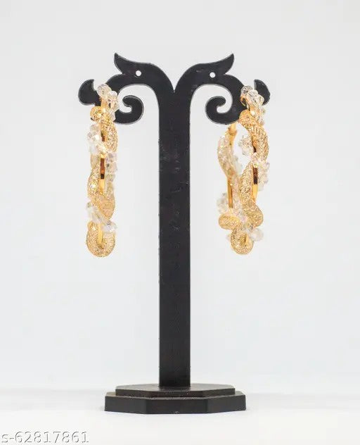 Crystal Beaded Hoop Earrings, Gold-Toned Twisted Mesh Design, Clear Glass Beads for Women