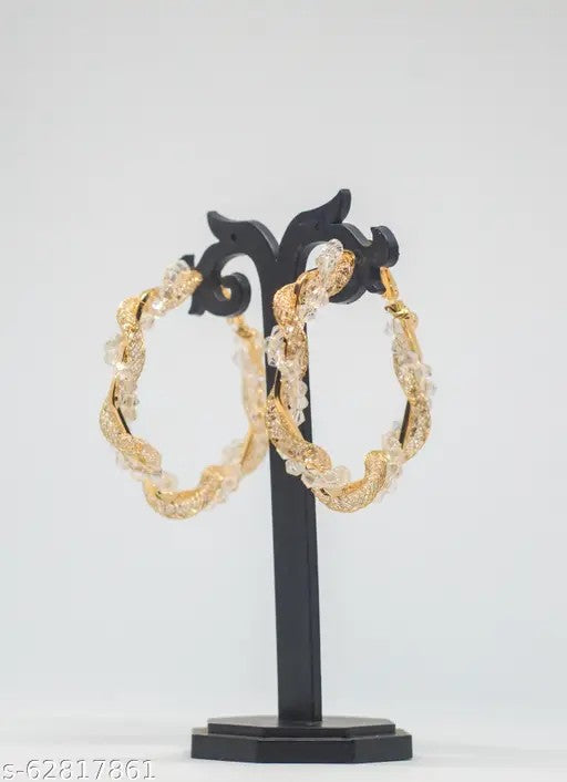 Crystal Beaded Hoop Earrings, Gold-Toned Twisted Mesh Design, Clear Glass Beads for Women