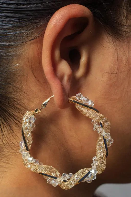 Crystal Beaded Hoop Earrings, Gold-Toned Twisted Mesh Design, Clear Glass Beads for Women