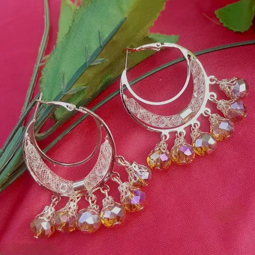 Latest Trendy Stylish Crystal Drop Hoop Baali Earrings, Rose Gold Plated, Crescent Design with Faceted Glass Beads for Girls and Women