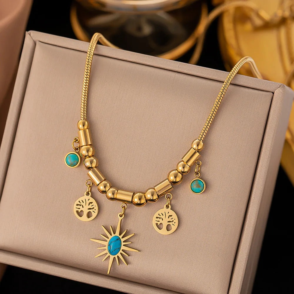 Stainless Steel Necklaces Chain Little Sun Turquoise Tree of Life 18K Gold Plated for Women, Fashion Luxury, Jewellery Sets