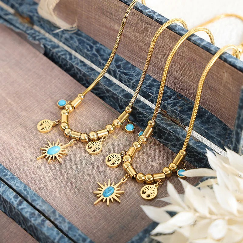 Stainless Steel Necklaces Chain Little Sun Turquoise Tree of Life 18K Gold Plated for Women, Fashion Luxury, Jewellery Sets