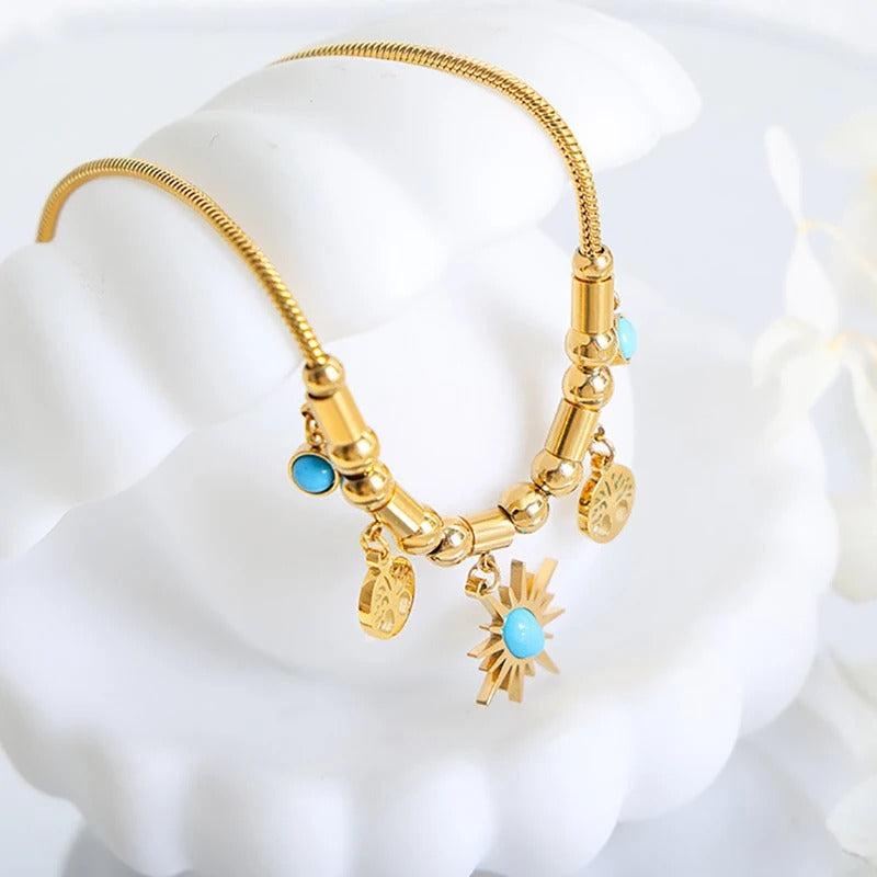 Stainless Steel Necklaces Chain Little Sun Turquoise Tree of Life 18K Gold Plated for Women, Fashion Luxury, Jewellery Sets