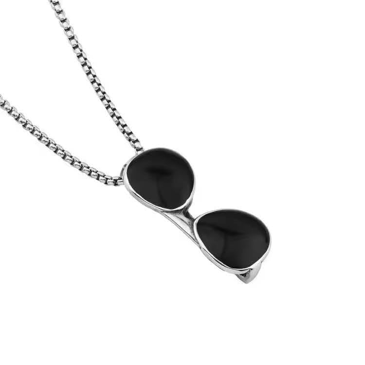 Stainless Steel Sunglasses Pendant Necklace with Box Chain Black Unisex for Mens size 24"
