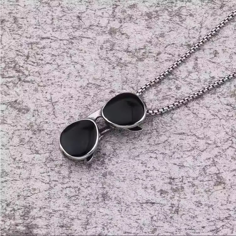 Stainless Steel Sunglasses Pendant Necklace with Box Chain Black Unisex for Mens size 24"