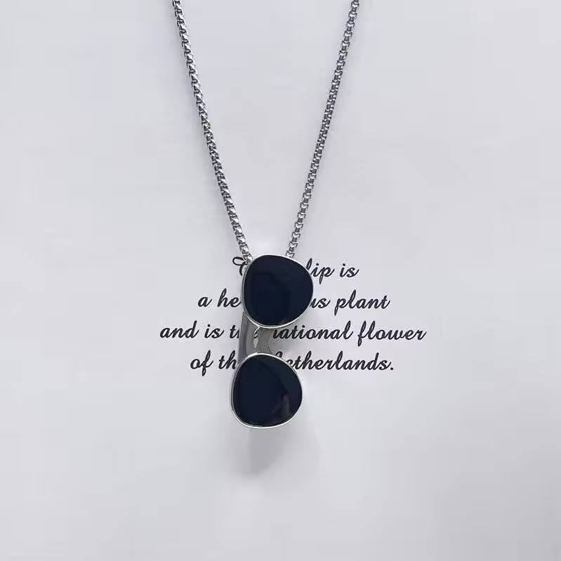 Stainless Steel Sunglasses Pendant Necklace with Box Chain Black Unisex for Mens size 24"