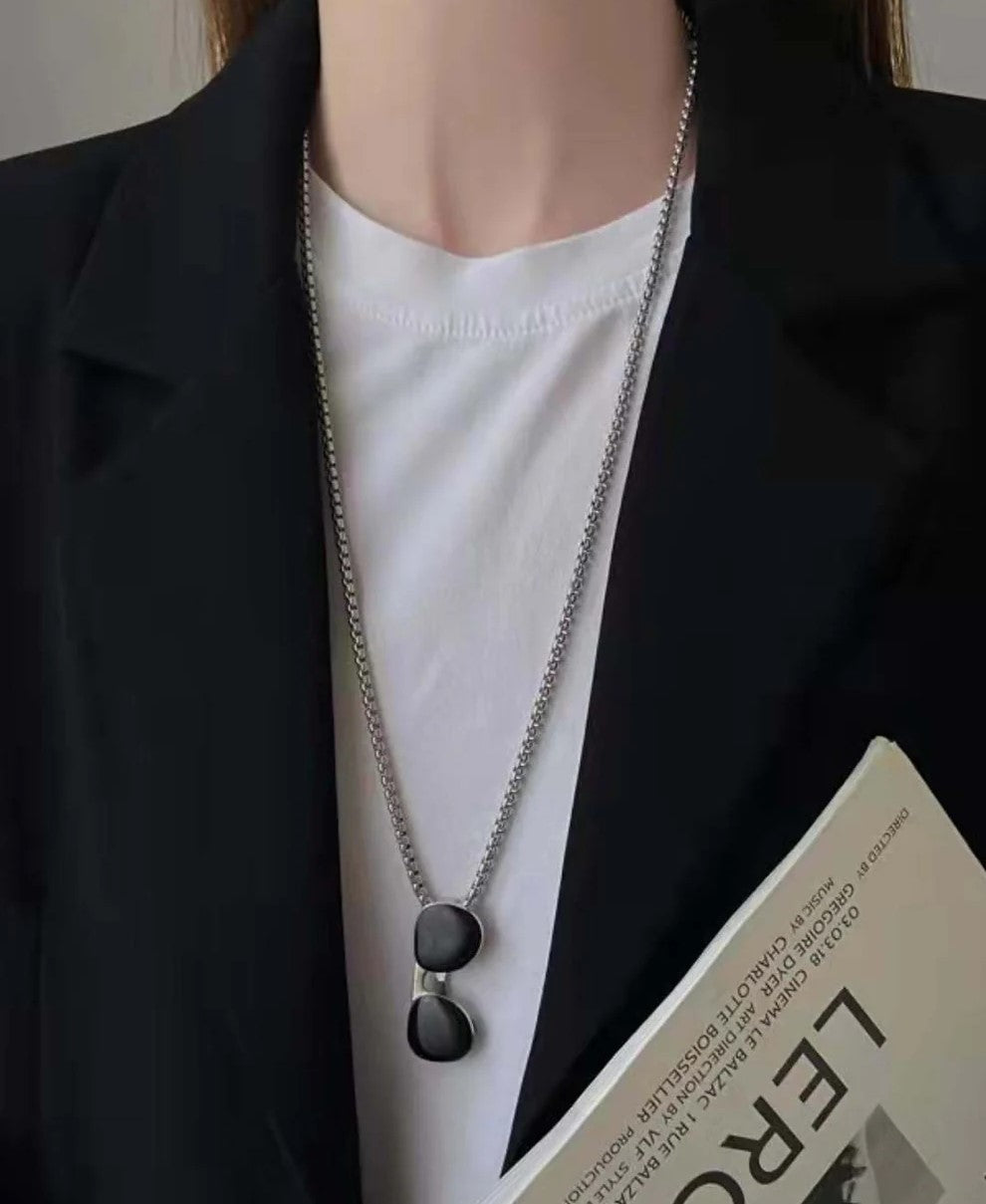 Stainless Steel Sunglasses Pendant Necklace with Box Chain Black Unisex for Mens size 24"