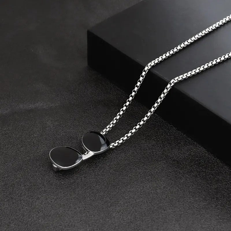Stainless Steel Sunglasses Pendant Necklace with Box Chain Black Unisex for Mens size 24"