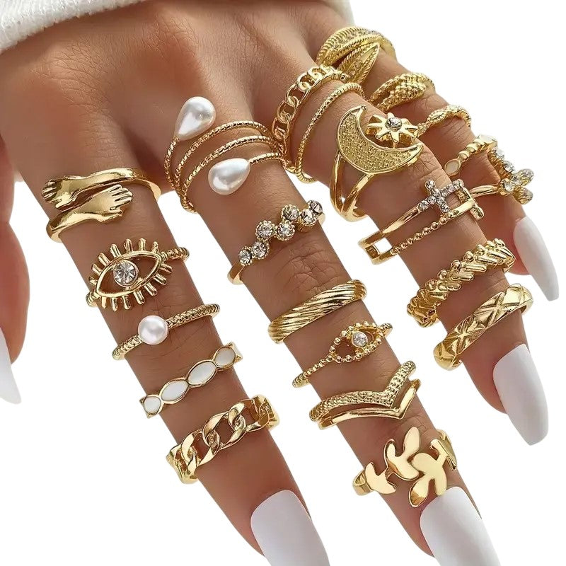 Style Rings Trendy Cross Leaf Chain Patterns Eye Mix and Vintage Gold Knuckle Ring Set, 23 Pieces, Pearl and Crystal Embellished, Moon and Eye Design