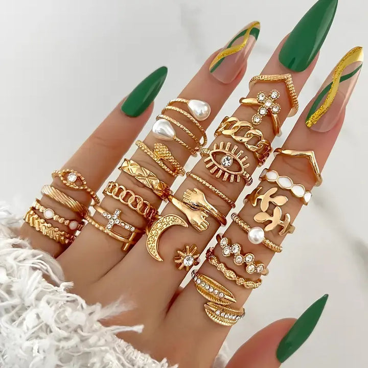 Style Rings Trendy Cross Leaf Chain Patterns Eye Mix and Vintage Gold Knuckle Ring Set, 23 Pieces, Pearl and Crystal Embellished, Moon and Eye Design