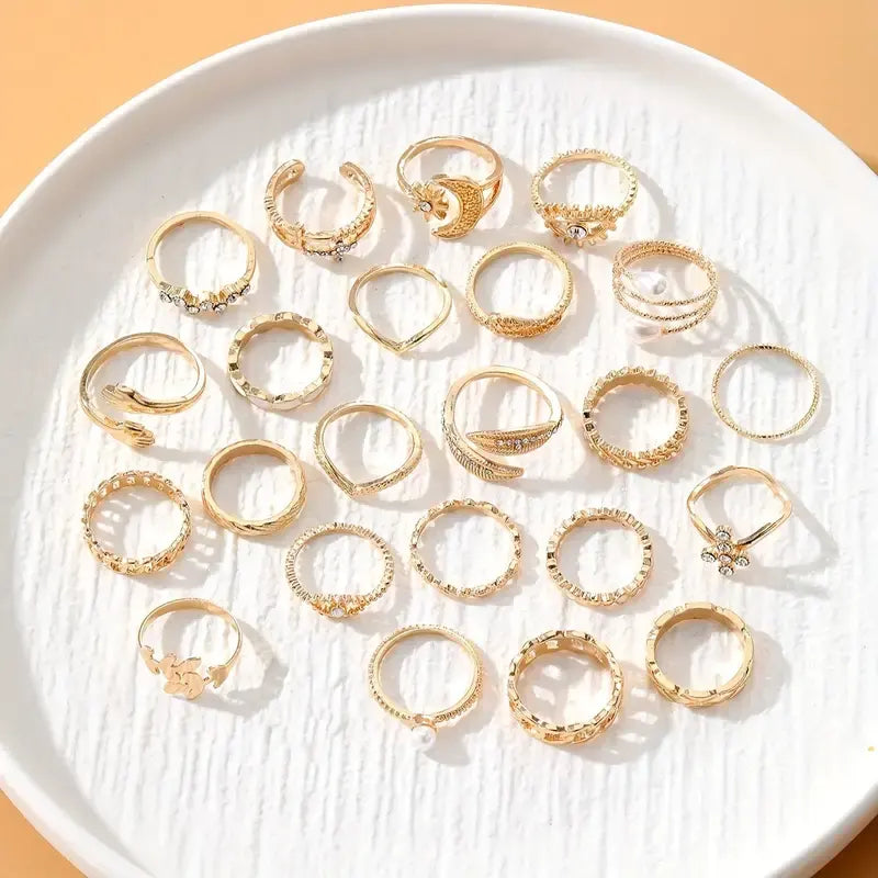 Style Rings Trendy Cross Leaf Chain Patterns Eye Mix and Vintage Gold Knuckle Ring Set, 23 Pieces, Pearl and Crystal Embellished, Moon and Eye Design