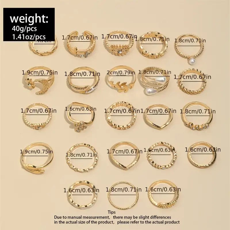 Style Rings Trendy Cross Leaf Chain Patterns Eye Mix and Vintage Gold Knuckle Ring Set, 23 Pieces, Pearl and Crystal Embellished, Moon and Eye Design