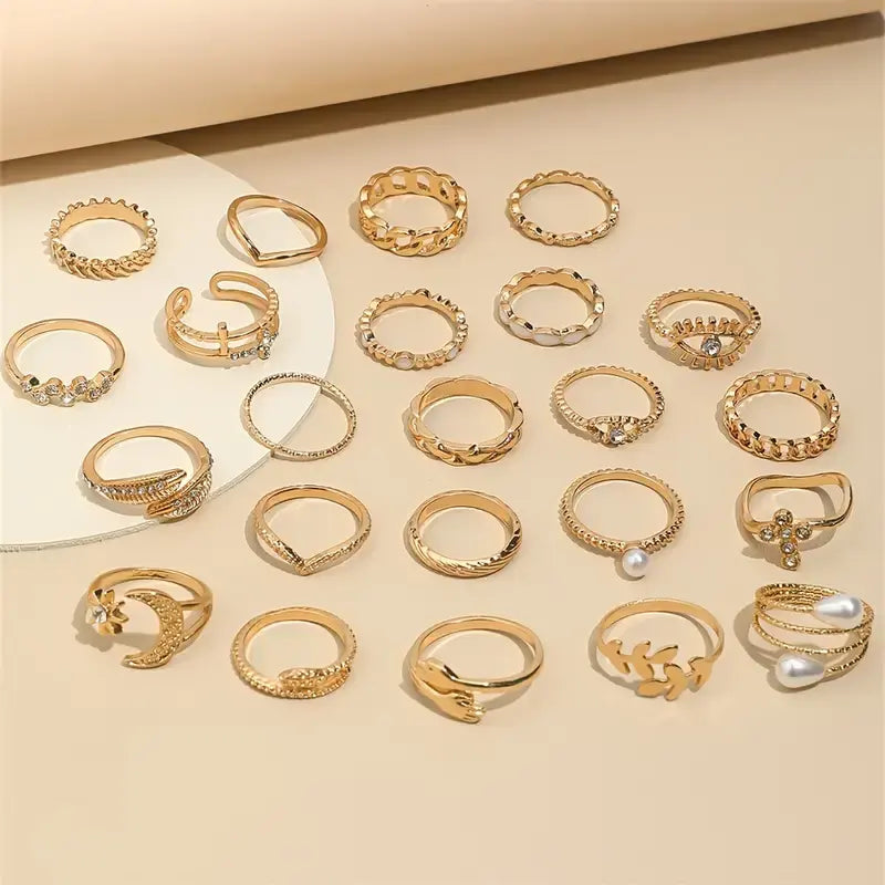 Style Rings Trendy Cross Leaf Chain Patterns Eye Mix and Vintage Gold Knuckle Ring Set, 23 Pieces, Pearl and Crystal Embellished, Moon and Eye Design