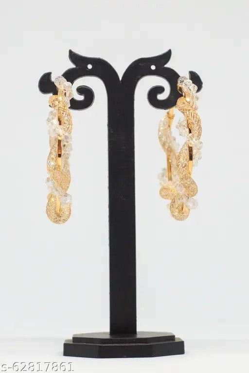 Crystal Beaded Hoop Earrings, Gold-Toned Twisted Mesh Design, Clear Glass Beads for Women