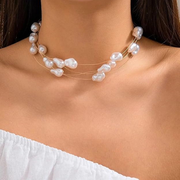 Unique Design Pearl Exquisite Necklace White 18K Gold Anti Tarnish Pearl Layer Necklace For Women