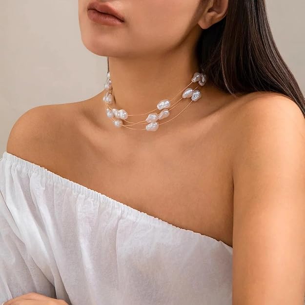 Unique Design Pearl Exquisite Necklace White 18K Gold Anti Tarnish Pearl Layer Necklace For Women