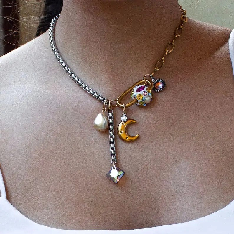 Unique Design Trendy Golden Plated Stainless Steel Hoop Pendant Choker Freshwater Pearl Necklace for Women Girl