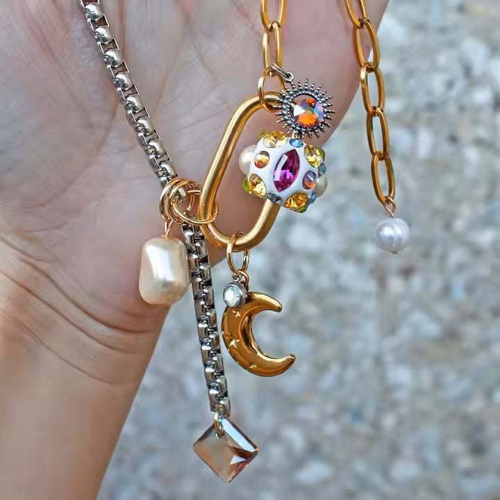 Unique Design Trendy Golden Plated Stainless Steel Hoop Pendant Choker Freshwater Pearl Necklace for Women Girl