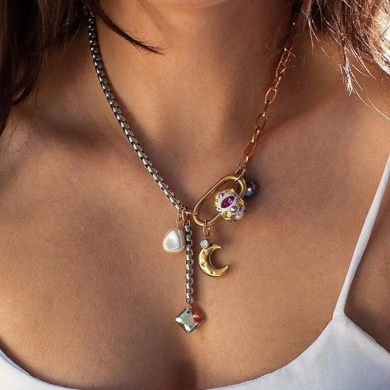 Unique Design Trendy Golden Plated Stainless Steel Hoop Pendant Choker Freshwater Pearl Necklace for Women Girl