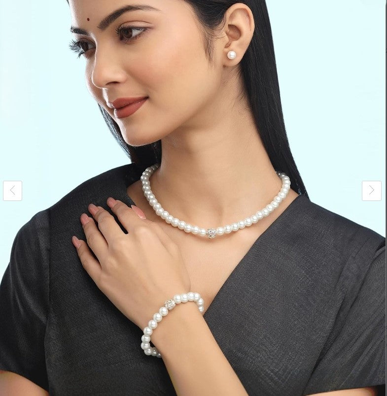 Pearl Necklace White Round Simulated Shell Pearl Necklace Bracelet Earrings 6/8MM Choker Pearl Necklace Set for Women Girls